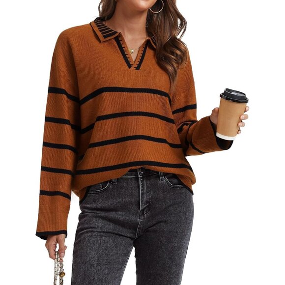 Women’s  Caramel Fall Polo Sweater Striped V Neck Long Sleeve Pullover - Picture 1 of 6